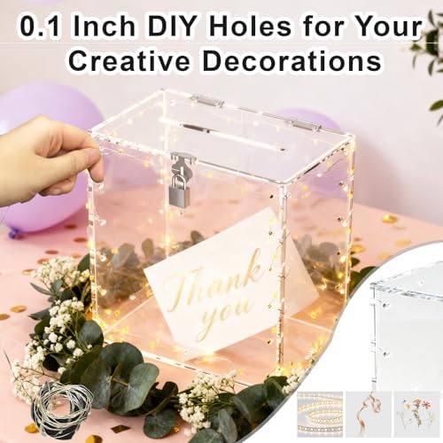 Sankoly Acrylic Wedding Card Box with Lock, Clear Large Card Boxes with String Light and Festival Static Cling Sticker, Money Box Holder for All Kinds of Parties Reception - Image 2