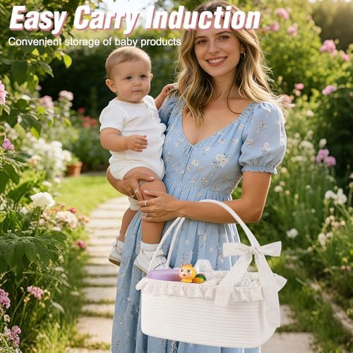 OIAHOMY Gift Basket with Long Handles, Large Woven Baskets for Gifts with Gift Bag, Ribbons and Lace, Cotton Rope Storage Basket for Birthdays, Baby Showers, Picnic, Wedding DIY Presents 19L - White - Image 6
