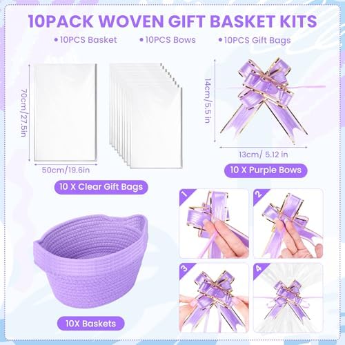 10PACK Purple Baskets for Gifts Empty, 12"x 8"x 5" Woven Gift Baskets with Gift Bags and Bows, Empty Gift Baskets for Christmas, Baby Gift Basket for Nursery, Shelf Small Storage Basket with Handles - Image 3