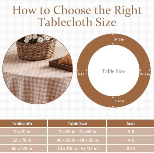 Khaki Plaid Ruffled Tablecloth 70" Round Farmhouse Checkered Gingham Table Cloth for Seat 4-6 Vintage Buffalo Plaid Decorative Table Cover for Picnic Dining Outdoor Kitchen - Image 3