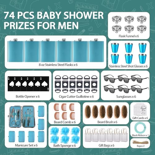 Baby Shower Prizes for Men 6 Set with 8oz Stainless Steel Hip Flask Bottle Opener Manicure Kit Bath Sponge Sunglasses Gift Bag Baby Shower Game Prizes for Winner Bachelor Party (Blue, 6 Sets) - Image 3