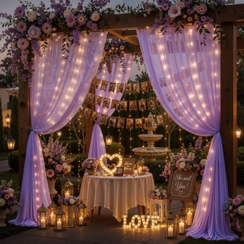 20ft x 10ft Lavender Chiffon Backdrop Curtain with Lights String for Parties,4 Panels Sheer Tulle Curtain Wedding Backdrop for Baby Shower Birthday Party Ceremony Reception Home Decorations - Image 3