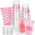 Whaline 50 Pcs 12 Oz Happy Birthday Disposable Plastic Cups with Lids and Straws Hot Pink Cold Beverage Drinking Cups for Home Kitchen Birthday Party Supplies by Whaline