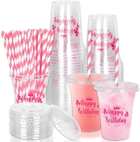Whaline 50 Pcs 12 Oz Happy Birthday Disposable Plastic Cups with Lids and Straws Hot Pink Cold Beverage Drinking Cups for Home Kitchen Birthday Party Supplies by Whaline