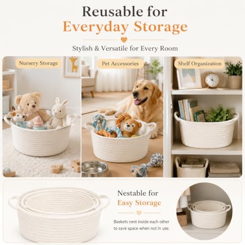 9Pcs Baskets for Gifts Empty with Gift Bags and Ribbons, Small Cute Woven Cotton Rope Basket, for Easter Mother's Day, Baby Nursery Room Shelf Storage Toy Pet Organizer to Fill, White, 12 x 8 x 5 inch - Image 7