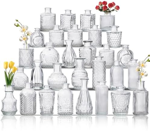 Glass Bud Vase Set of 30, Small Flower Vases, Glass Vases for Centerpieces, Vintage Home Table Decorations Bud Vases (30 Pcs, Clear) by BJONKZ