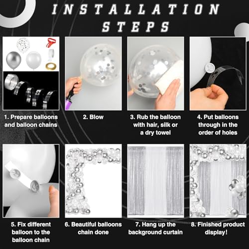 SmoothNovelty 137 Pcs White Silver Sequin Curtains Balloon Garland Kit - Image 4