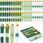 Lasnten 50 Pcs Pre-rolled Gold Cutlery Set with Napkins Green by Lasnten