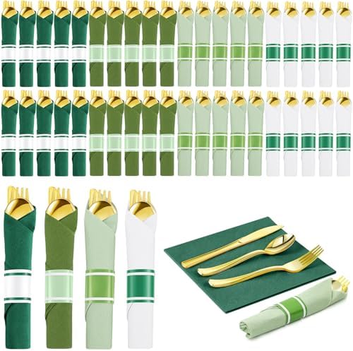 Lasnten 50 Pcs Pre-rolled Gold Cutlery Set with Napkins Green by Lasnten