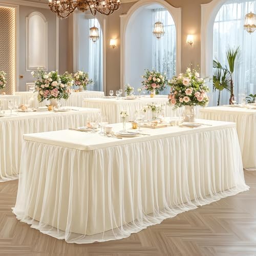 Wish Care Ivory Tulle Tablecloth for 8 Foot Rectangle Tables Stretch Fitted Rectangular Table Cloths Wrinkle Free Ruffle Elastic Table Cover Tutu Skirt for Wedding Birthday Party Baby Shower Cake - Image 2