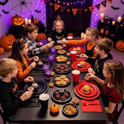 Red and Black Plates and Napkins Party Supplies, Include 9’’ Disposable Paper Plate, 7’’ Dessert Plates and Cups and Napkins Forks Set for Halloween, Christmas, Retirement, Birthday, Serves 50 - Image 5