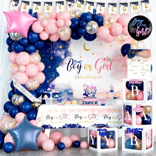 144 PCs Navy Blue and Pink Gender Reveal Decorations, Hombae Boy or Girl Gender Reveal Decorations What Will Baby Be Backdrop Balloon Banner Tablecloth Cake Cupcake Topper Boxes Cutout Poster Sash by Hombae