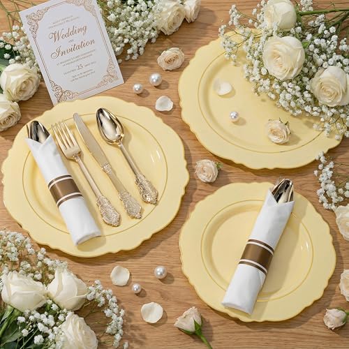 Liacere 350PCS Yellow Plates - Yellow Disposable Plastic Plates With Gold Rim-50Guest Plastic Dinnerware include 100 Plates,50 Pack Pre Rolled Napkins with Silverware 50Cups for Wedding＆Party - Image 3