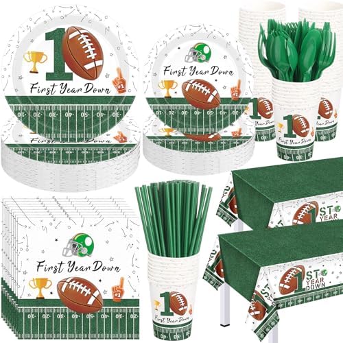 Potchen 452 Pcs Themes Party Supplies Decorations for 50 Guests, Paper Plates Napkins Cups Tablecloth Cutlery Straws for Birthday Baby Shower Party Decorations(Green Brown,1st Football Birthday) by Potchen