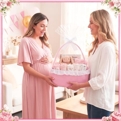 3PACK Pink Woven Gift Basket with Long Handles, Large Gift Basket Empty - Image 7