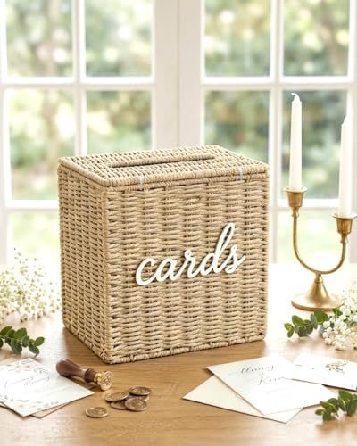 Wicker Wedding Card Box Basket with Slot, 10.2'' Hand-Woven Rattan by CORALMEE