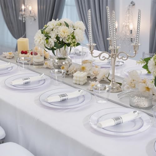 SUT 350 Pcs Silver Plastic Dinnerware Set for 50 Guests, Include: 50 Dinner Plates, 50 Dessert Plates, 50 Pre Rolled Napkins with Silver Silverware, 50 Cups, disposable plates for wedding, party - Image 6