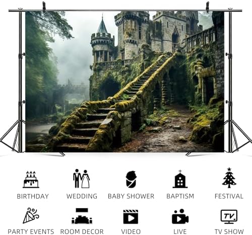 8x6ft Mysterious Castle in The Forest Backdrop Enchanted Forest Vintage Medieval Castle Photography Background Fairy Tale Wonderland Party Banner Decorations Kids Portrait Photo Booth Prop - Image 5