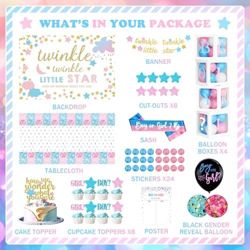 Hombae Twinkle Twinkle Little Star Gender Reveal Decorations, Star Boy or Girl Gender Reveal Decorations Balloon Garland Banner Tablecloth Box Cutout Backdrop Cake Cupcake Topper Poster Sash 172 PCs - Image 2