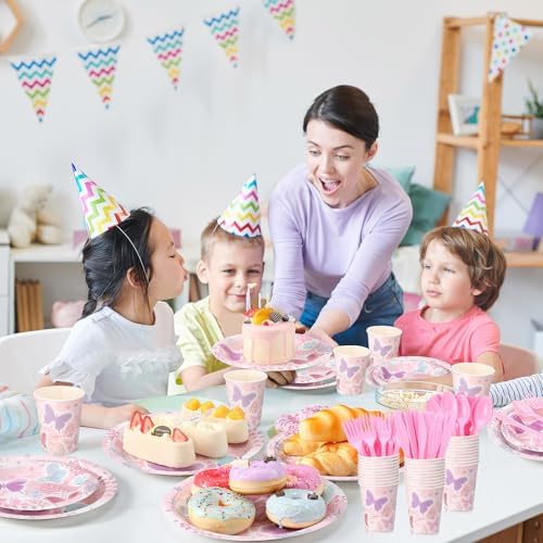Ziliny 350 Pcs Butterfly Party Supplies Tableware Set Disposable 9'' 7'' Paper Plates 9 oz Cups Cutlery Napkins Dinnerware Set for 1st Birthday, Serve 50 (Butterfly, Purple, Pink) - Image 6