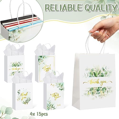 Colarr 60 Pack Thank You Gift Bags with Tissue Paper Gold Thank You Paper Bags with Handles Greenery Gift Pouches for Wedding Birthday Baby Shower Party Favor Supplies,8.2 x 5.9 x 3.1 Inch (Greenery) - Image 2