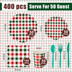 Funnymoom 400 Pcs Christmas Party Supplies for 50 Guests Gingham Paper Plates and Napkins Knives Spoon Fork Cup Disposable Checkered Dinner Party Cutlery for Baby Shower Wedding Favor (Red and Green) - Image 3