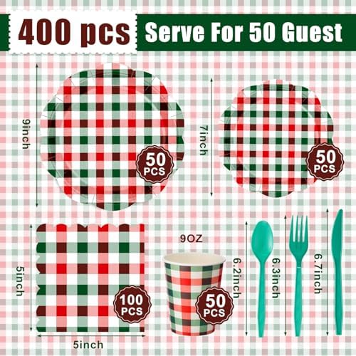 Funnymoom 400 Pcs Christmas Party Supplies for 50 Guests Gingham Paper Plates and Napkins Knives Spoon Fork Cup Disposable Checkered Dinner Party Cutlery for Baby Shower Wedding Favor (Red and Green) - Image 3