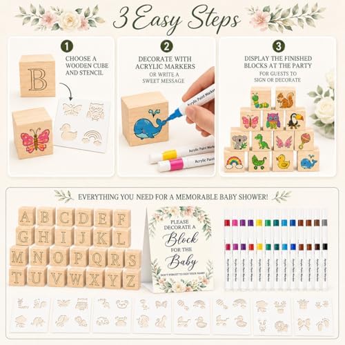 117 Pcs Baby Shower Blocks to Decorate Game Kit, 52 Wooden Baby Blocks for Baby Shower Games, 24 Acrylic Markers, 10 Stencils, Game Sign, DIY Baby Shower Activity & Gender Reveal Decor, Floral - Image 3