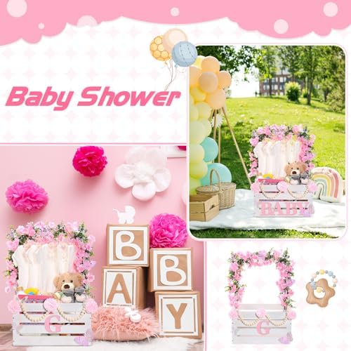 Juexica Wooden Baby Shower Crate Closet Baby Basket with Handle Box with Butterfly Eucalyptus Garland Bead Artificial Flowers Large Letter for Pregnancy New Parent Gift(White) - Image 6