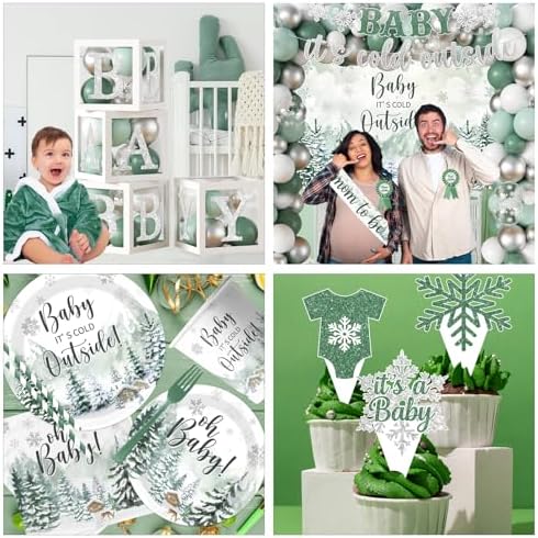 Winter Baby Shower Decorations, Green Baby It's Cold Outside Decor with Plates Napkins Tablecloth Balloon Cake Topper, Winter Wonderland Baby Shower Decorations Boy Girl for Holiday Christmas - Image 5