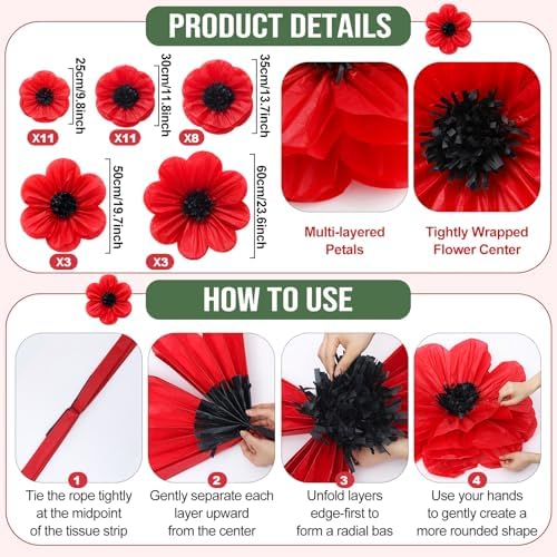 36 Pcs Paper Flowers for Party Decor, Red Poppy - Image 6