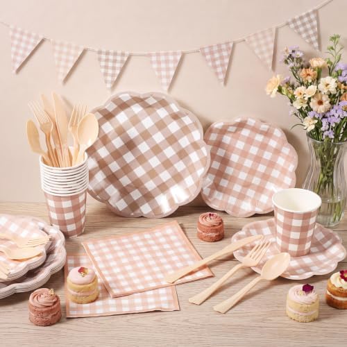 FillTouch 350 Pcs Brown Gingham Plates Napkins Cutlery Set for 50 Guests - Image 3