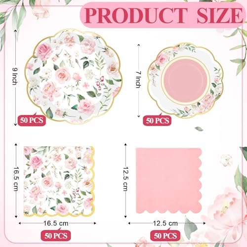 Funnymoom 200 Pcs Pink Wild Floral Party Decorations Paper Plates Serve 50 - Image 2