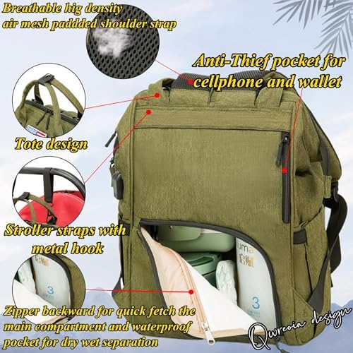 Diaper Bag Backpack for Dad and Mom with USB Charging Port Stroller Straps and Insulated Pocket,army military Travel Nappy Backpack for Daddy/Mommy (Green) - Image 4