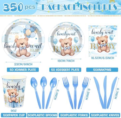 Dandat 350 Pcs Baby Shower Set, Bear, Blue - Image 3