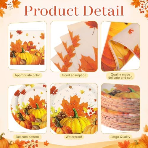Ceenna 452 Pcs Fall Party Supplies Plates Napkins Cups Tablecloth Serves 50 - Image 2