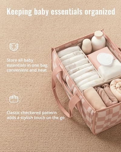 Blissful Diary Checkered Diaper Caddy Organizer, Storage Basket, Pink - Image 2
