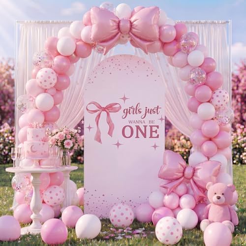 Breling Girls Just Wanna Be One Birthday Decor 6.6 ft Pink Bow Arch Cover - Image 5