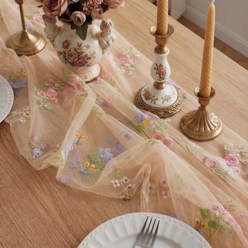 Champagne Floral Table Runner 10ft Embroidery Tulle Spring Wildflower Gauze Table Runner Seasonal Summer Butterfly Kitchen Dining Decoration for Wedding Baby Shower Birthday Party (6 Pcs) - Image 4