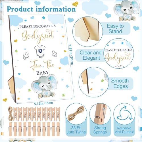 Panitay 126 Pcs Baby Shower DIY Bodysuit Set Bib 25 Blank White Newborn Bodysuit 25 Stencils 24 Marker 1 Sign 50 Pins(Blue Elephant) - Image 4