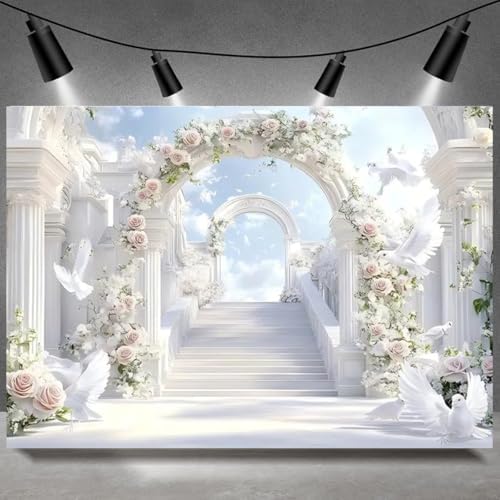 Paradise Gate Sky Stairway to Heaven Backdrop Holy Light Clouds Blue Sky Floral Archway White Doves Background Baby Shower Church Party Newborn Portrait Photo Booth Studio Props (White, 9 * 6feet) - Image 7