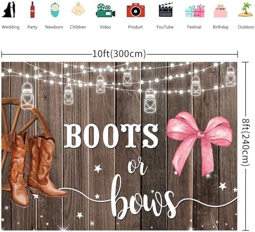 10x8FT Gender Reveal Backdrop Boots or Bows Rustic Wood Brown Cowboy Boots Pink Bows Photography Background Gender Reveal Baby Shower Party Decorations Banner Photo Booth Props - Image 2