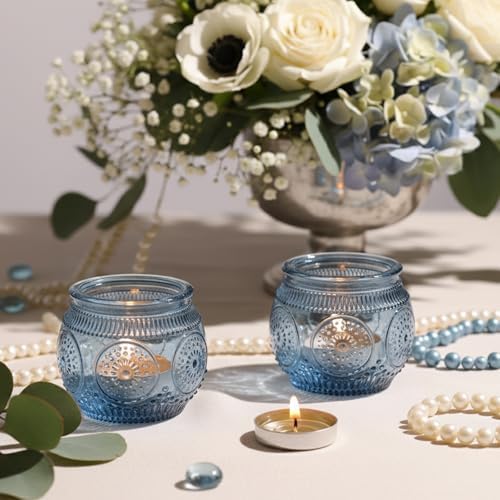 24 Pcs Blue Votive Candle Holders for Bridal Shower Decorations- Floral Style Dusty Blue Candle Holder for Wedding Table Centerpieces, Baby Shower Decor - Image 5