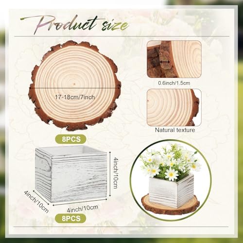 Leinuosen 16 Pcs Wedding Centerpieces Decor Set 8 x 4-inch Rustic Wood Cube Planter Box with 8 x Natural Wood Slices Tabletop Floral Arrangements for Baby Shower Home Garden Decorations(White) - Image 2