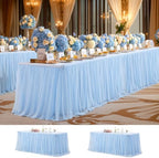 Wish Care 2 Pack Baby Blue Tulle Table Cloth for 6 Foot Rectangle Tables Wrinkle Free Stretch 6ft Light Blue Tablecloths Tutu Skirt Ruffle Fitted Table Cover for Birthday Baby Shower Party Tablecloth by WishCare