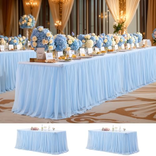 Wish Care 2 Pack Baby Blue Tulle Table Cloth for 6 Foot Rectangle Tables Wrinkle Free Stretch 6ft Light Blue Tablecloths Tutu Skirt Ruffle Fitted Table Cover for Birthday Baby Shower Party Tablecloth by WishCare