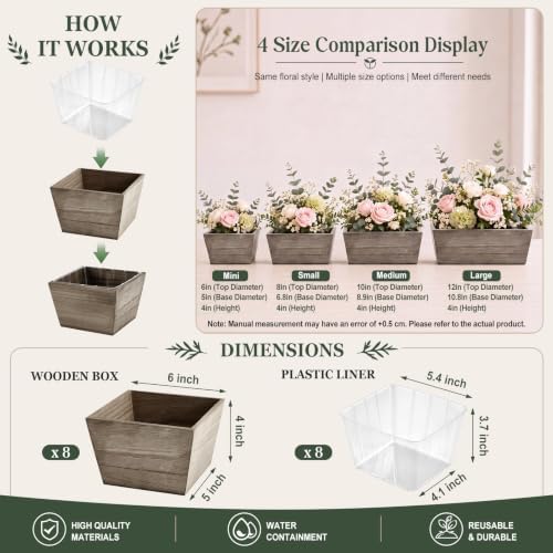 Dandat 8 Set 6 Inch Wooden Flower Box Rustic Table Centerpieces,Brown - Image 2