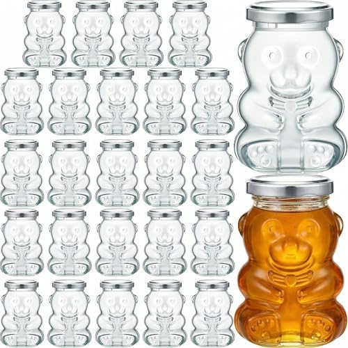Patelai 24 Pack 6 oz Glass Bear Shaped Honey Jars with Lids Reusable Small Tilted Bear Glass Bottles Containers Dispenser for Candies, Birthday Wedding Party Favors(Classic, Silver) by Patelai