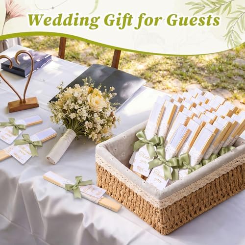 Beeveer 50 Sets Folding Wedding Fan Favor for Guest with Basket, Ready to Use Bulk White Folding Hand Paper Fan with Bow Ribbon Thank You Tag, Bridal Shower Wedding Party Favor Gift (Green,Daisy) - Image 3
