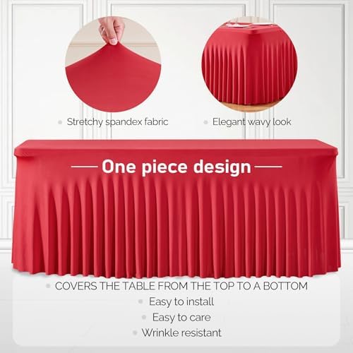 1 Pack Red Table Clothes for 8 Foot Rectangle Tables, Wrinkle Resistant Stretch Spandex Table Covers Fitted Tablecloth with Skirt for Valentines Wedding Birthday Party Event Banquet - Image 2